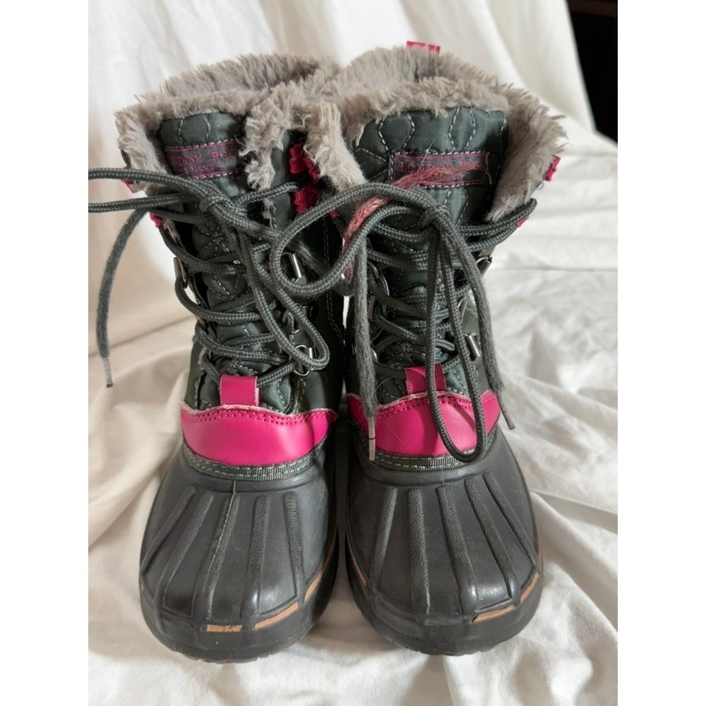 London Fog Girls Winter Snow Boots Gray Pink Quilted Faux Fur Trim Waterproof